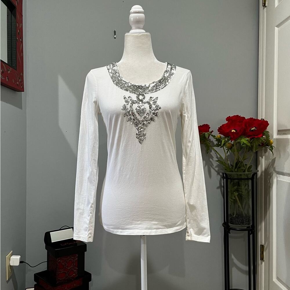 NEW INC Cotton Sequin Heart & Crown Bling Long Sleeve Scoop Neck T-Shirt M NWOT